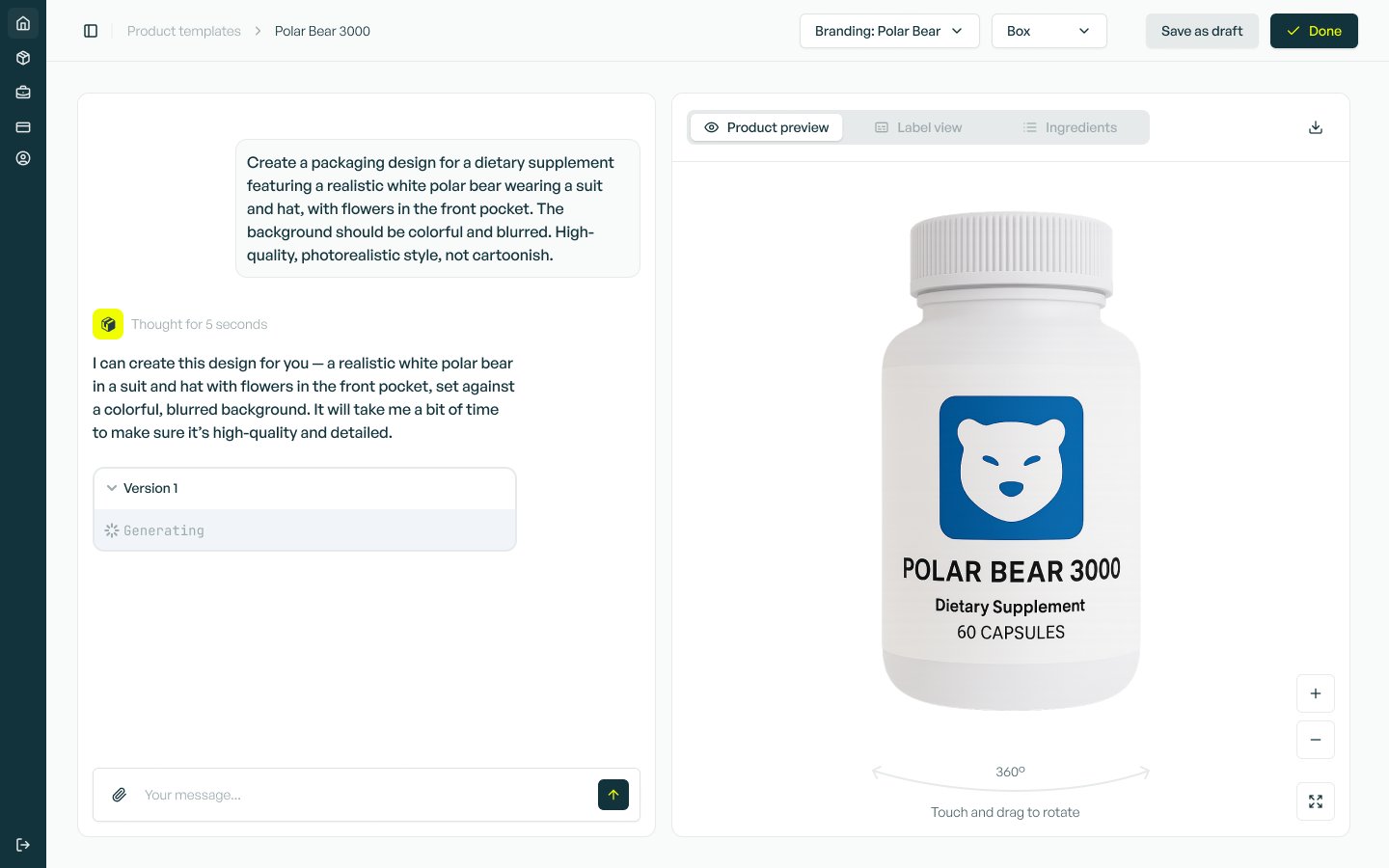 Productifi AI editor showing a polar bear supplement design — chat conversation on the left where the user describes the packaging, and a 3D-rendered white supplement bottle with a polar bear logo on the right